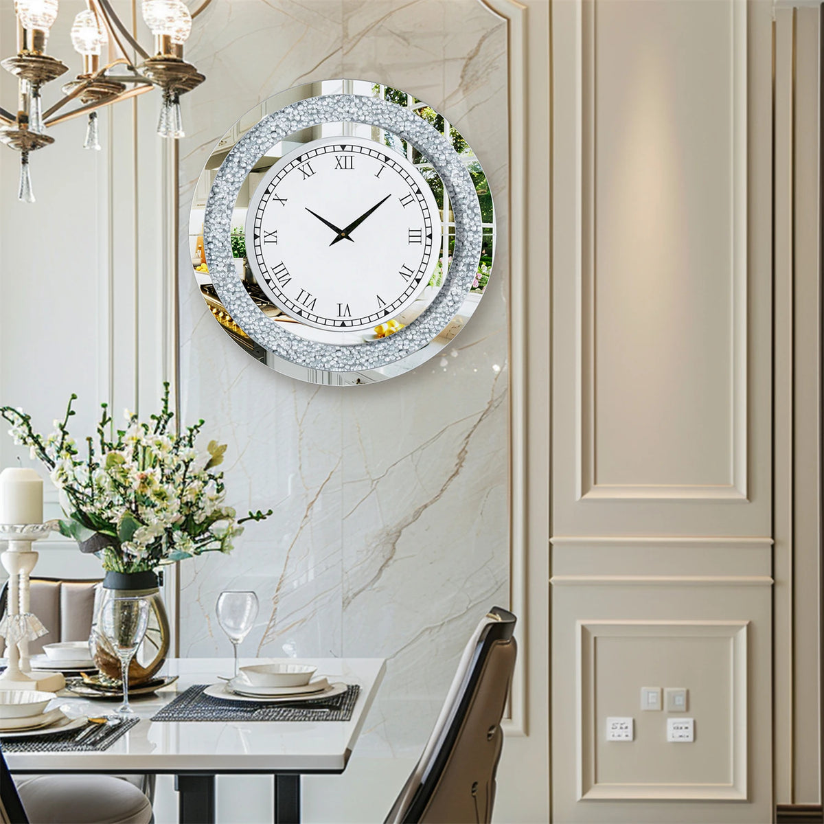 Elegant Mirrored Wall Clock – Crystal-Inspired Decorative Round Clock