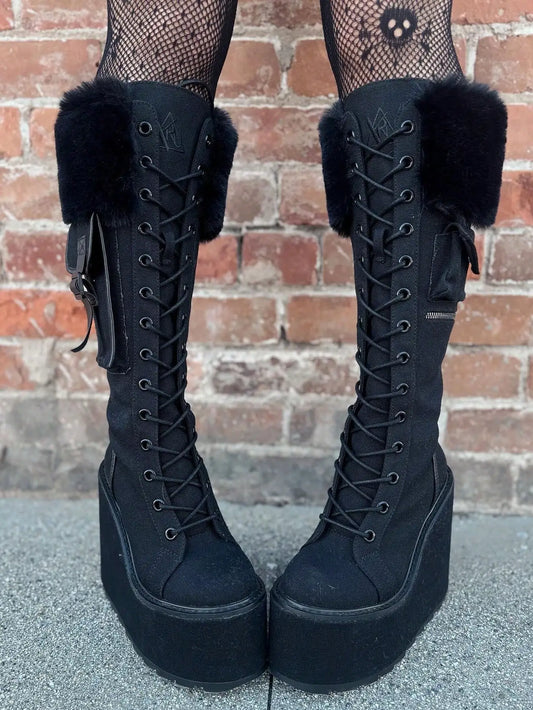 Punk Gothic Women Combat Boots Chunky Wedges Heel Fur Mid Calf Platform Luxury Winter Halloween Shoes Woman