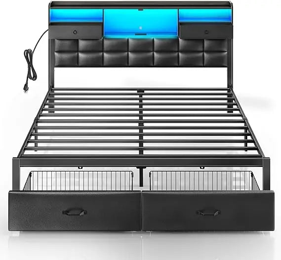 "king size upholstered bed frame with storage drawers, charging station, and led-illuminated headboard"