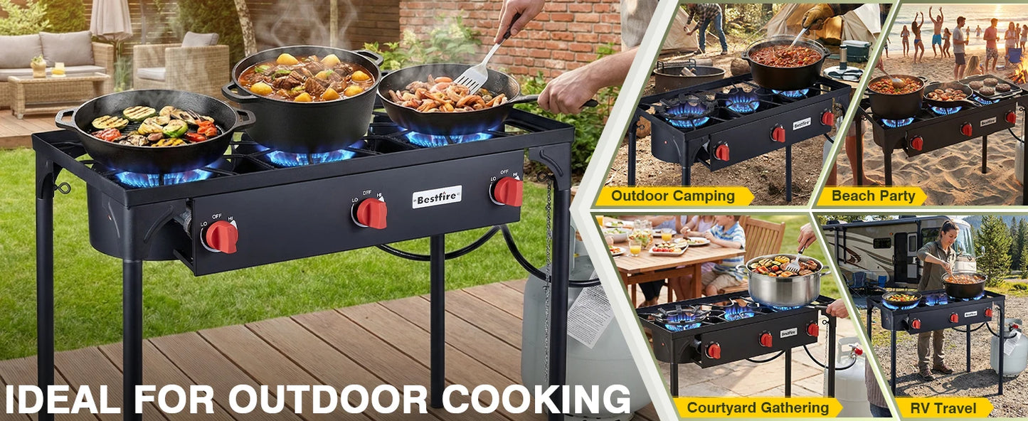3 Burner Propane Camping Stove with Regulator . High Power Outdoor Gas Cooker for Camping, Tailgating & Backyard Cooking  Description