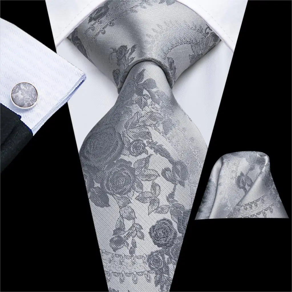 Hi-Tie Luxury Silver Men’s Necktie Set with Pocket Square & Cufflinks | Wedding, Business & Formal Events