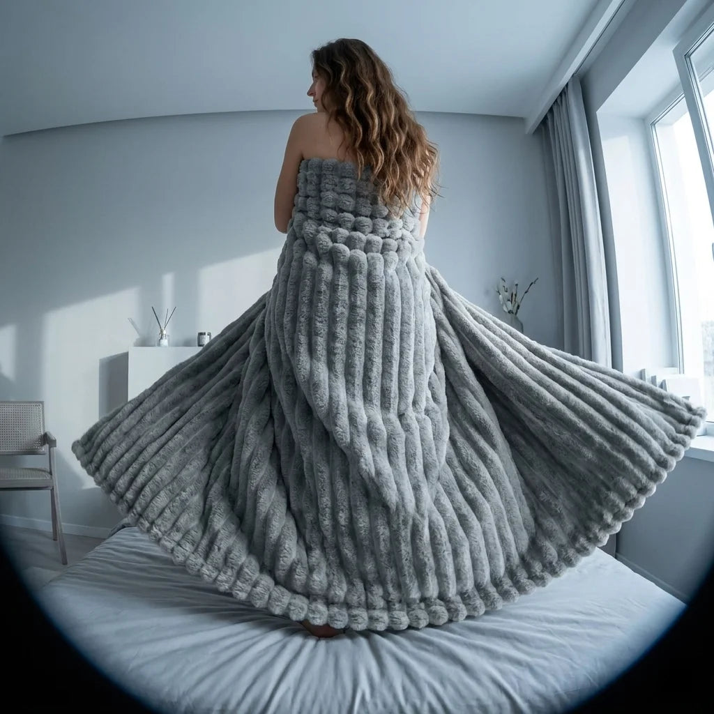 Cozy Striped Velour Blanket – Ultra Soft Warm Ribbed Plush Throw, Ideal for Sofa, Nap, Office, Travel, All Season Use, Machine Washable