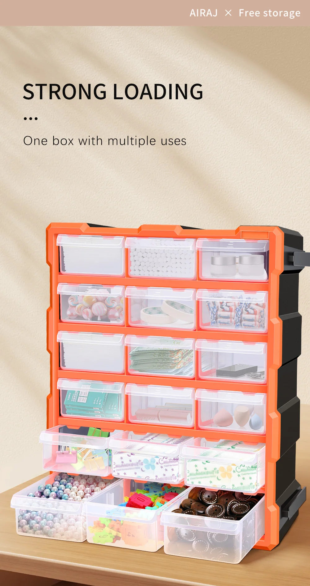 AIRAJ Multi-Drawer Storage Organizer - 18 Slots, Plastic Parts & Crafts Cabinet for Desk or Wall Mount, Ideal for Hardware, Bead