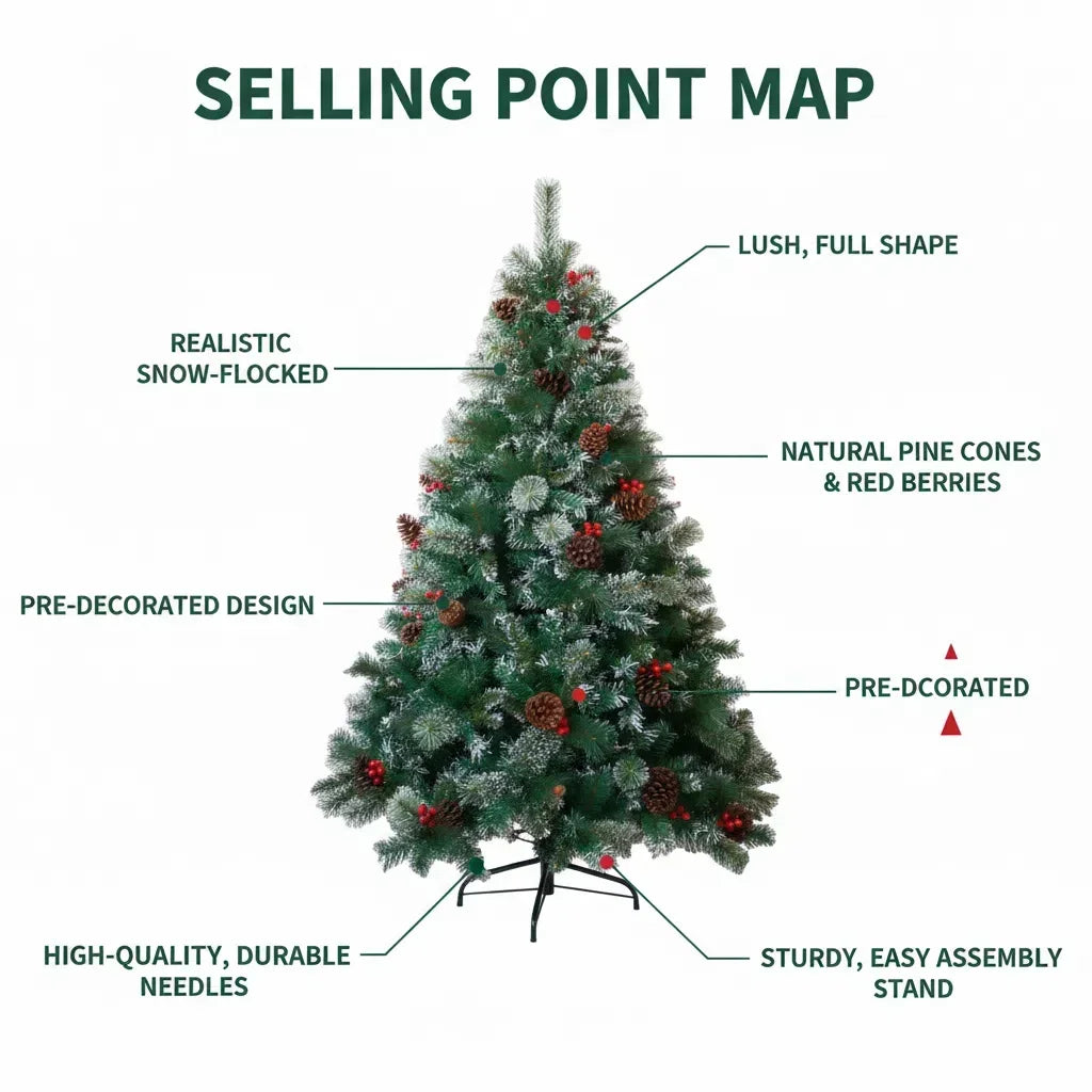 7FT Full Artificial Christmas Tree with 1,150 Tips, Pine Cones & Berries . Premium Holiday Tree with Natural Rustic Charm
