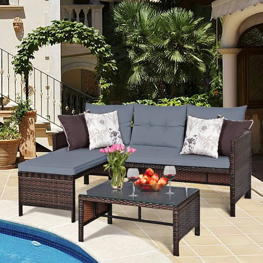 3 Piece Outdoor Patio Conversation Set L Shape Rattan Sofa