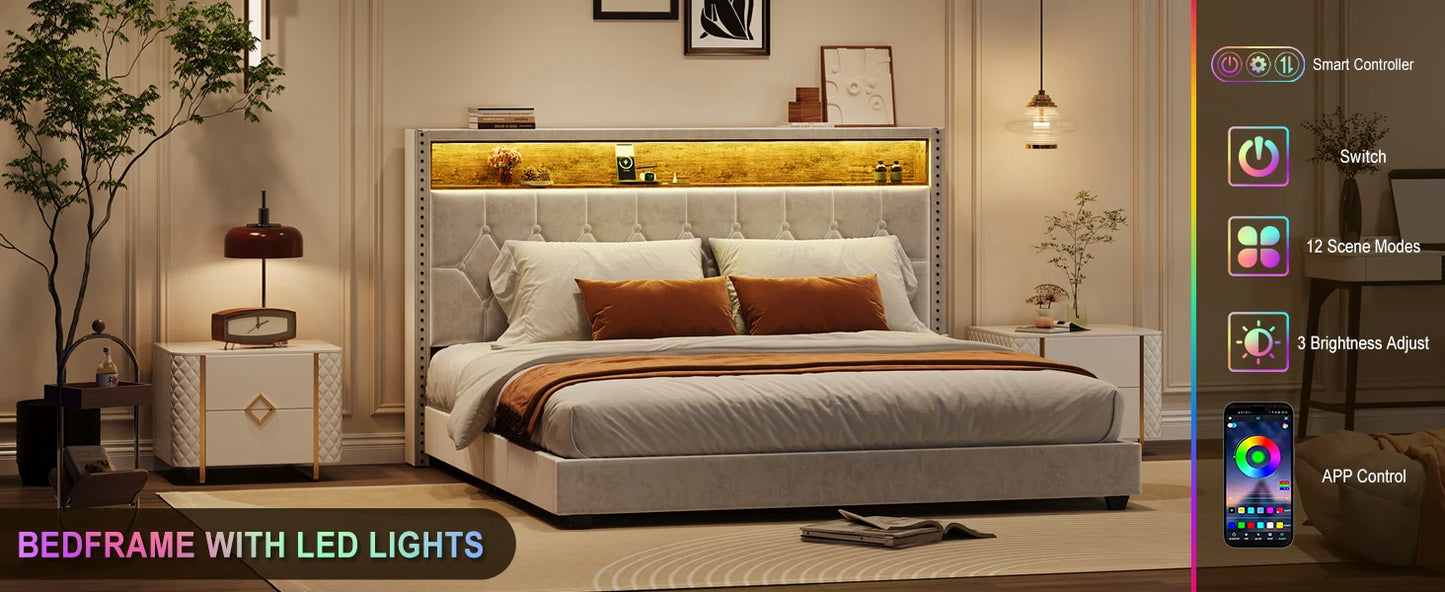 Bed Frame with Headboard and LED Lights Upholstered Platform Bedframe with Charging Station No Box Spring Needed Easy Assembly W