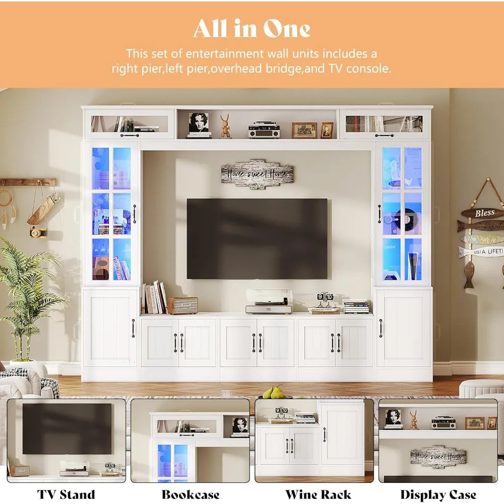 98" W Wall Unit TV Stand with Storage for TVs up to 80", Modern TV Console with LED Lights, Entertainment Center with Bookshelves.