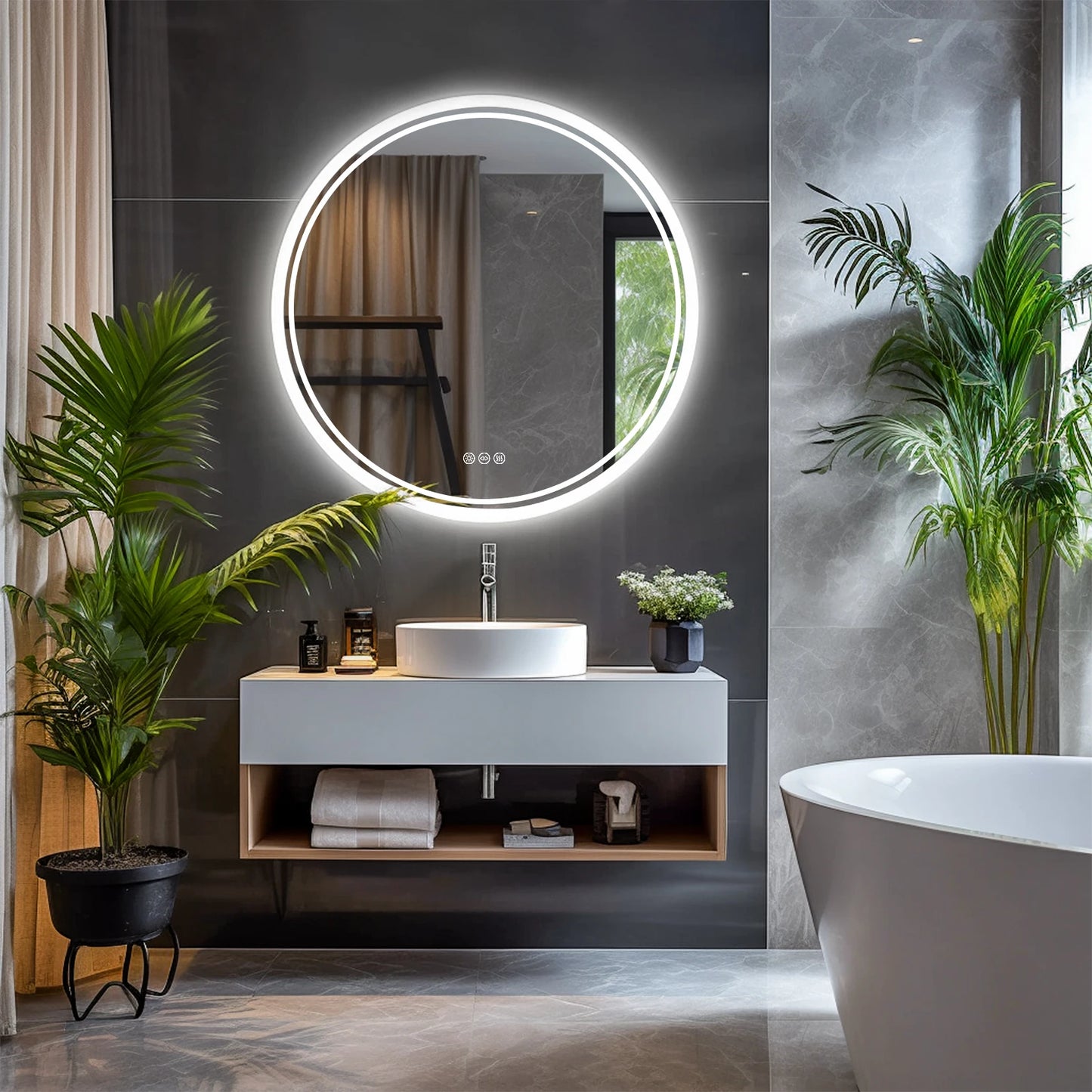 Round Led Bathroom Mirror With Backlit Lights Dimmable