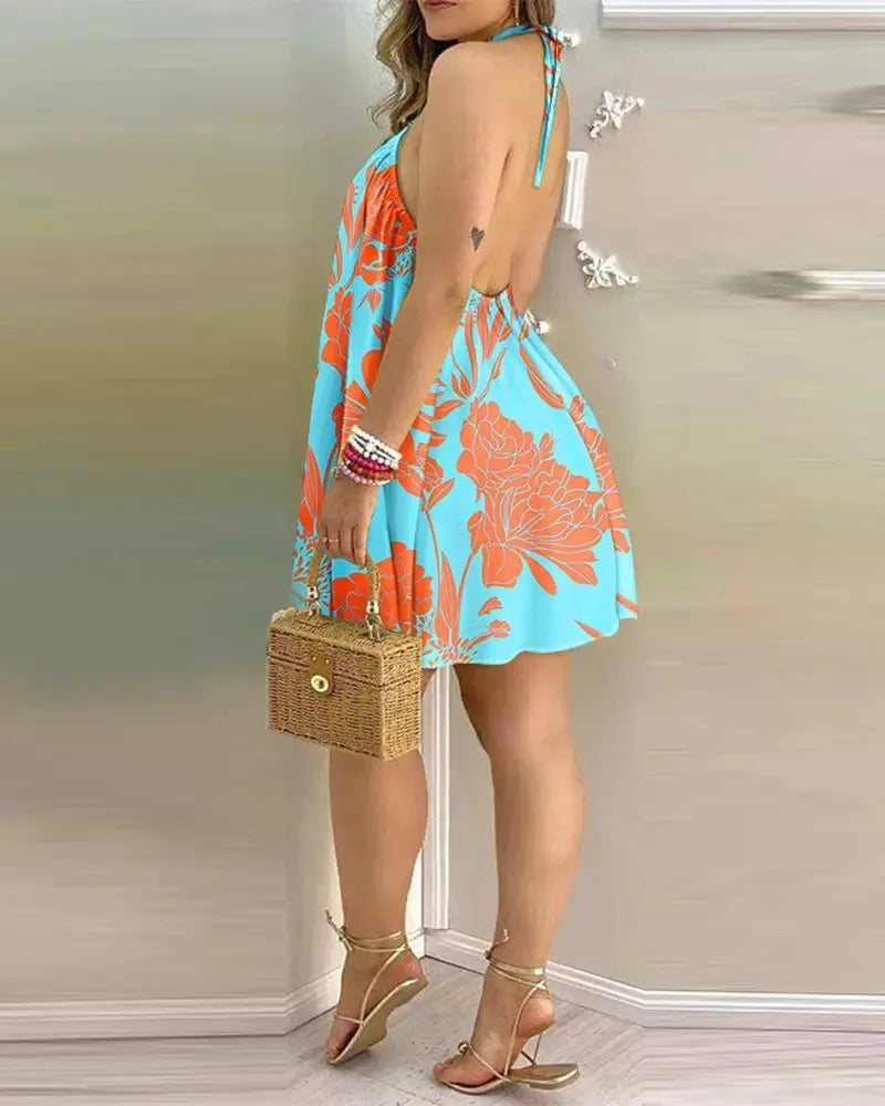 Women’s Floral Halter Neck Mini Dress | Sleeveless Summer Beach Sundress