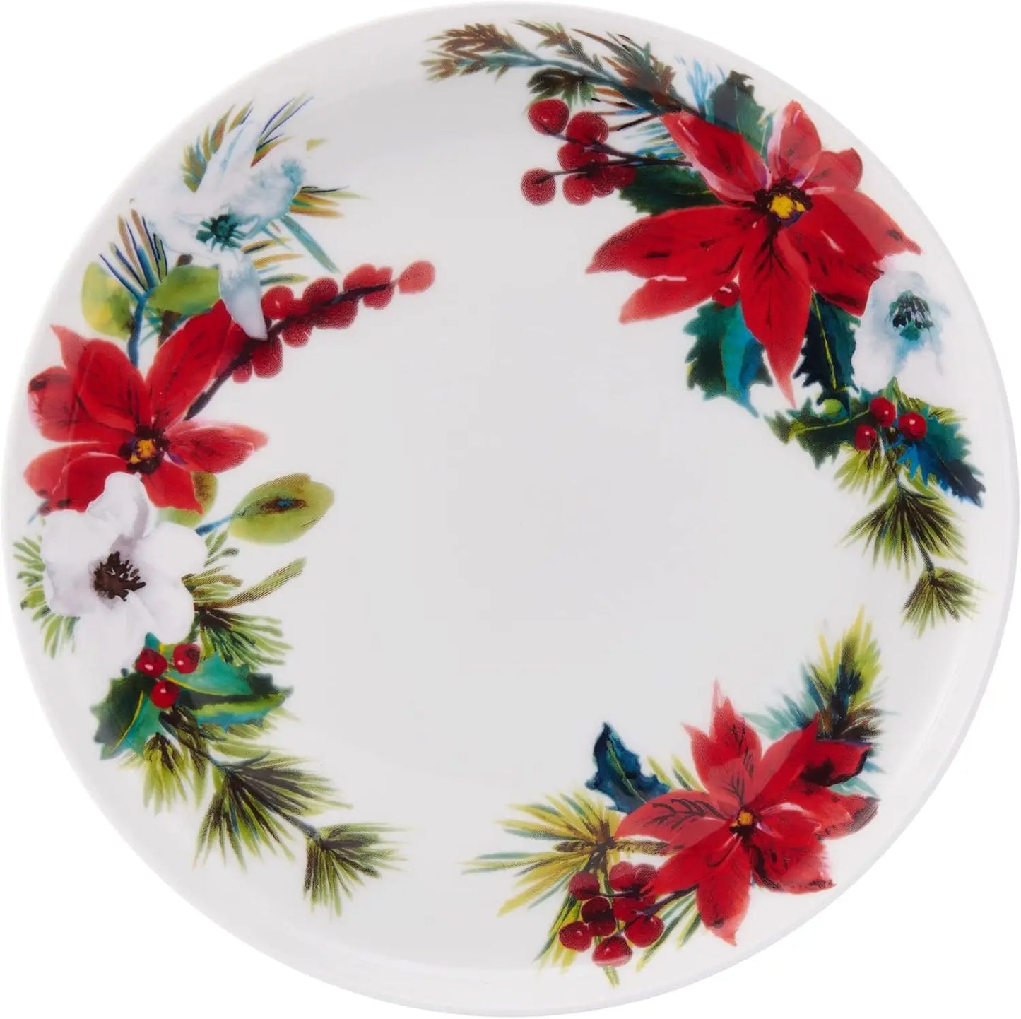 Hope Joy Holiday Poinsettia Bone China Lightweight Chip Resistant 16 Piece Dinnerware Set, Service for 4, Multicolor