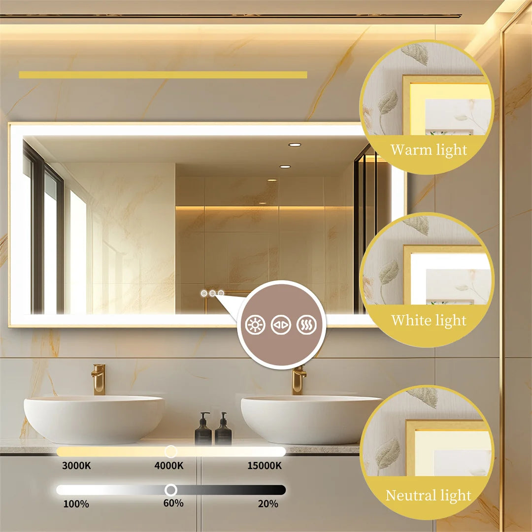 LUVODI Large Gold Framed Bathroom Mirror Fogless Smart Touch Illuminate Full Body Dressing Mirror