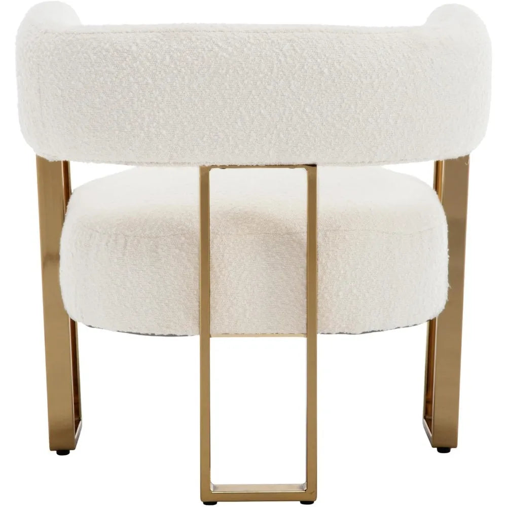 Modern Boucle Accent Chairs Set of 2, White Upholstered Barrel Armchair Living Room Chair with Gold Metal Legs Comfy Corner Sofa