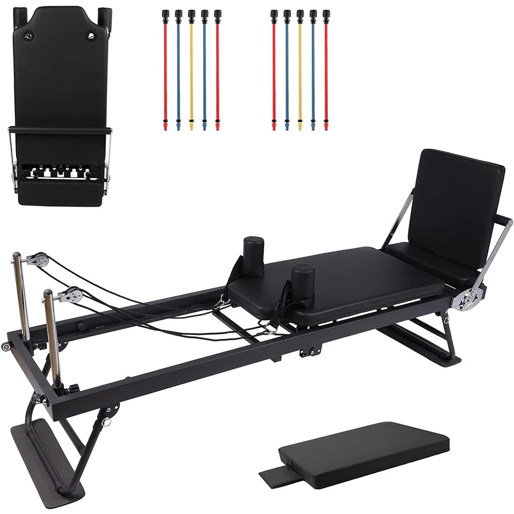 Foldable Pilates Reformer Machine with Adjustable Resistance for Full Body Home Workouts
