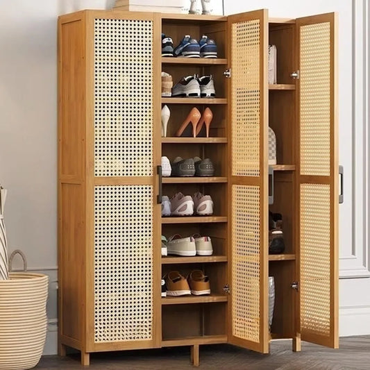 "8-Tier Bamboo Shoe Cabinet - Wood Grain Doors with Adjustable Shelf, Freestanding Hidden Organizer"