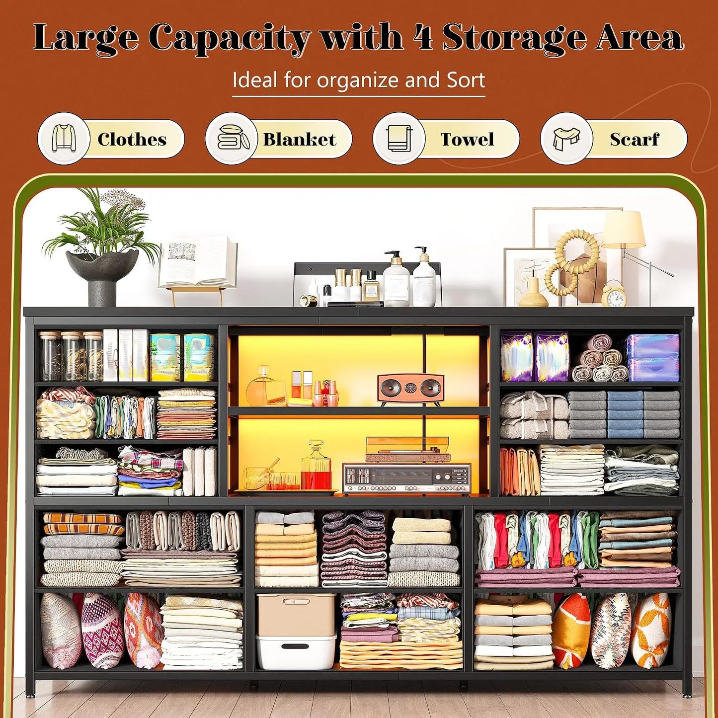 LED Bedroom Dresser with Charging Station & Storage Drawers