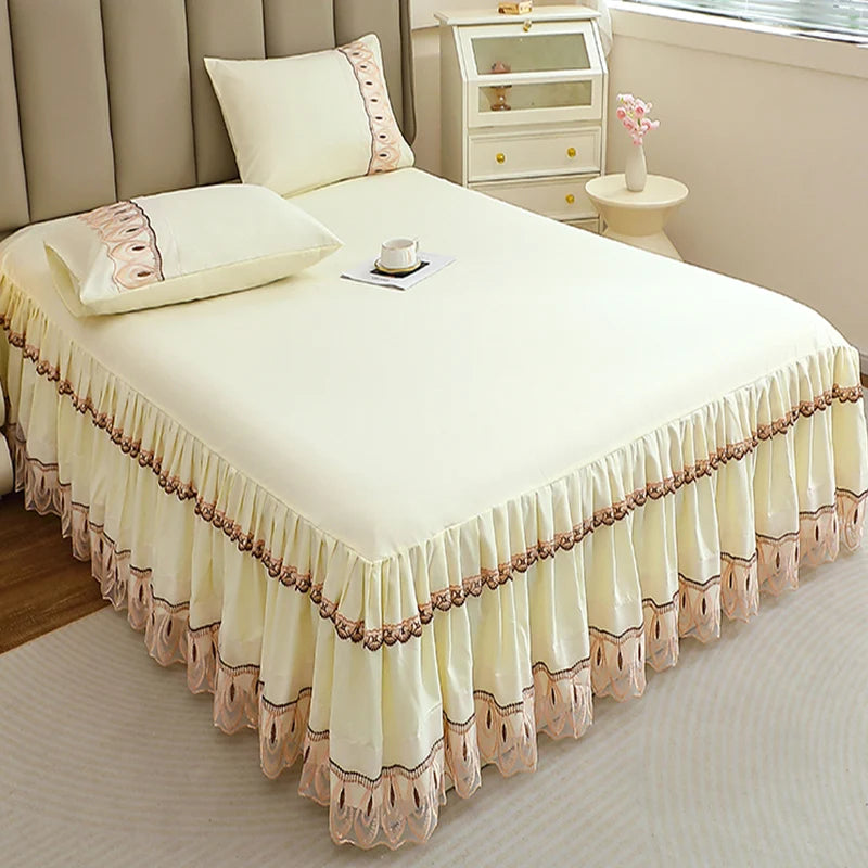 Elegant Solid Color Lace Bed Skirt Set