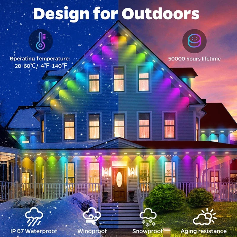 148FT APP Permanent Outdoor Eaves LED Lights Waterproof Smart RGBIC String Lights DIY Scene Full House Christmas Lighting Decor
