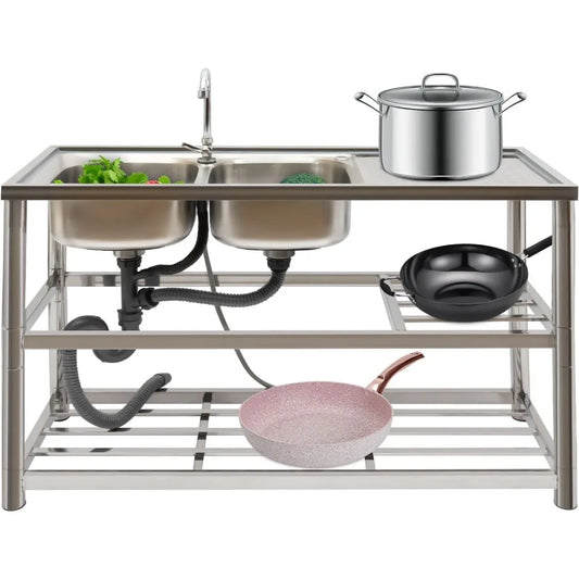 Commercial Stainless Steel Sink,Free Standing Double Bowl Utility Kitchen Sink with Faucet and Drainboard for Laundry Kitchen Re