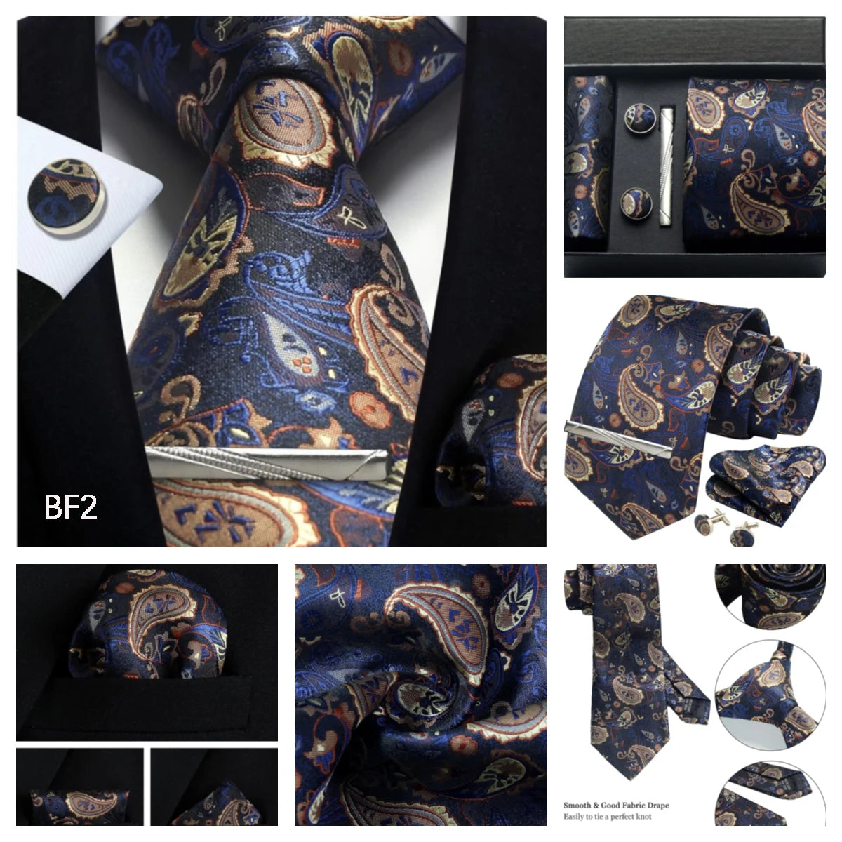 Luxury 100% Silk Paisley Floral Men’s Necktie Set | Business Tie with Matching Pocket Square & Formal Accessories