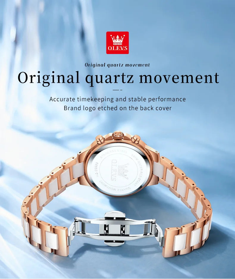 OLEVS Luxury Women’s Waterproof Chronograph Watch. Rose Gold Crystal Fashion Timepiece