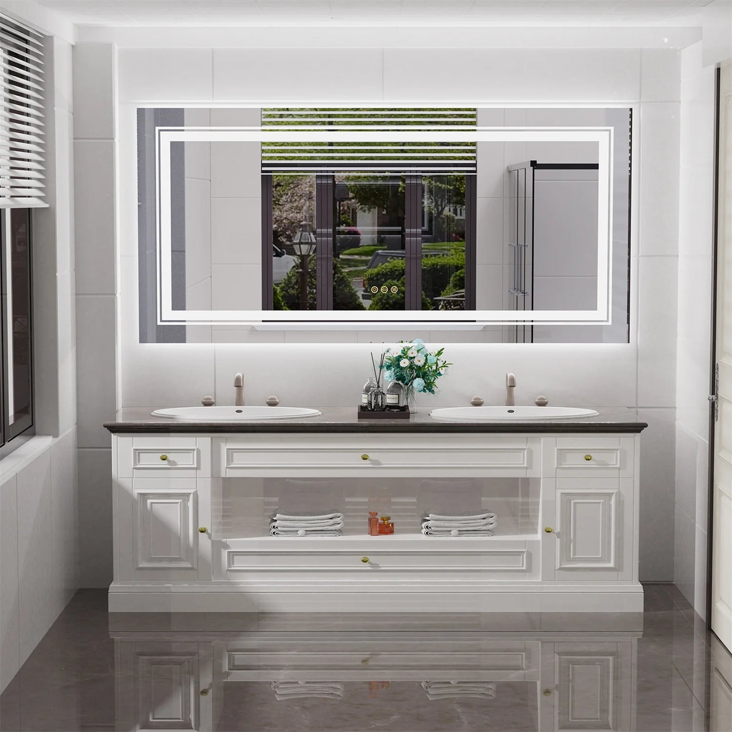 63" x 32" Extra Large LED Light Backlit Bathroom Mirror Dual Lights Makeup Anti-Fog Memory 3 Colors Dimmable With Touch Button
