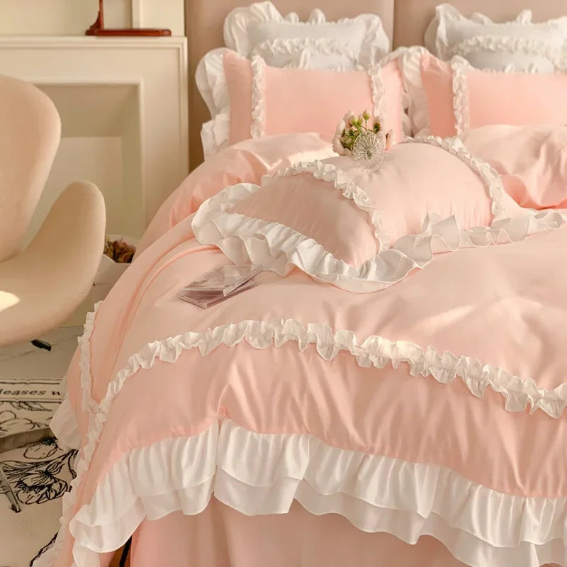 Elegant Ruffled Lace Bedding Set. Luxury Princess Style