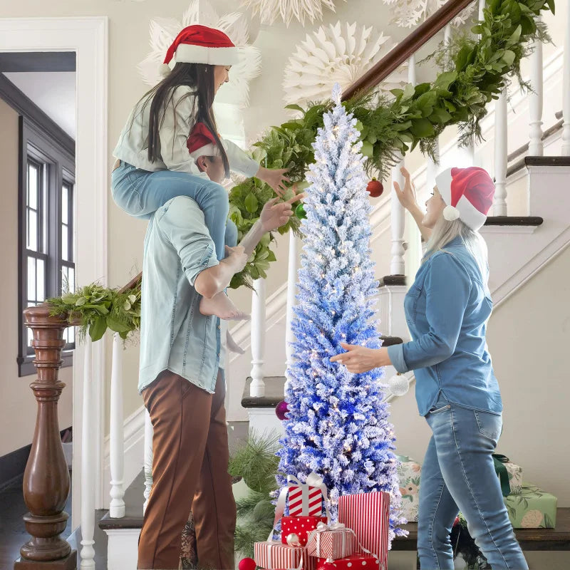 7FT Blue Gradient Flocked Pencil Christmas Tree with 300 Warm White LED Lights . Slim Space-Saving Holiday Tree