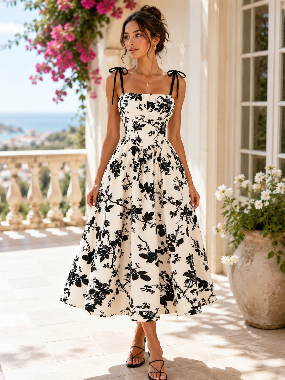 Women’s Floral Tie Shoulder Midi Dress | Square Neck Smocked Back A-Line Summer Sundress