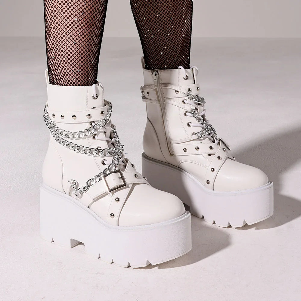Gothic Y2k Women'S Ankle Boots Platform Chunky High Heels Rivet Metal Chain Decor Thick Sole Motorcycle Short Boots For Women Fa