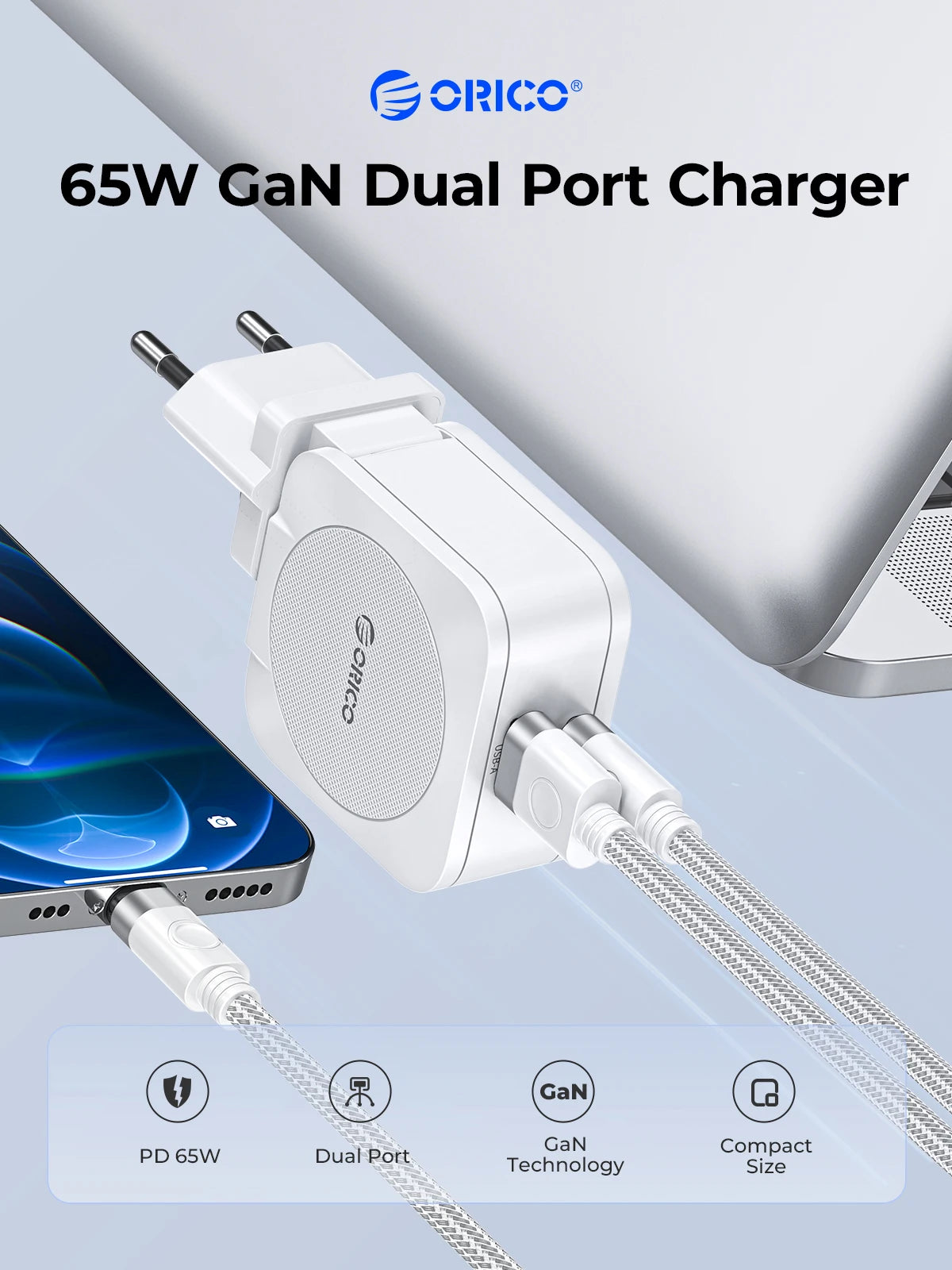 ORICO 65W GaN Charger Fast Charging USB PD Charger Cell Phone Charger Fast Charging Charger Type C for iphone 15/14