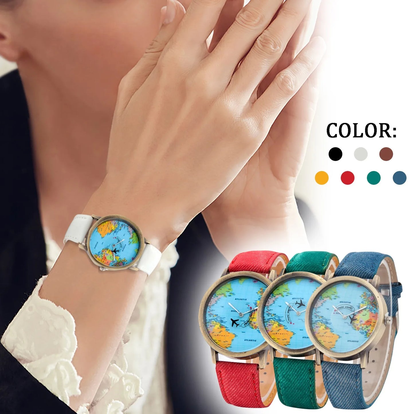 Women’s World Map Quartz Watch . Casual Leather Strap Fashion Timepiece