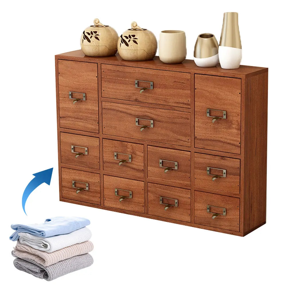 12 Drawer Wooden Apothecary Cabinet with Label Slot & Metal Handle Tabletop Storage Box Library Card Catalog Cabinet for Desk