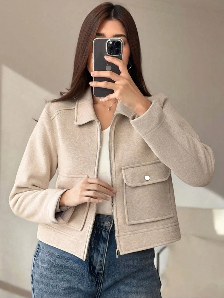 Women's Corduroy Zip-Up Jacket – Casual Long Sleeve Winter Coat with Stand Collar