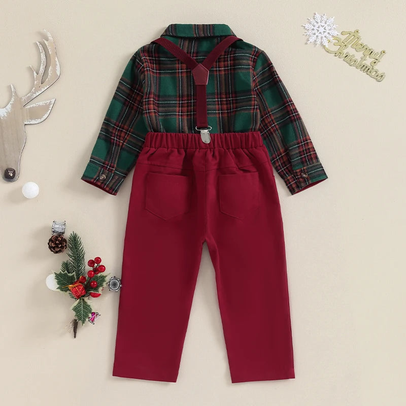 2023-10-20 Lioraitiin 1-7Y Kids Boys Christmas Outfit Plaid Bowtie Lapel Button-Down Shirts Tops Solid Suspender Pant 2Pcs