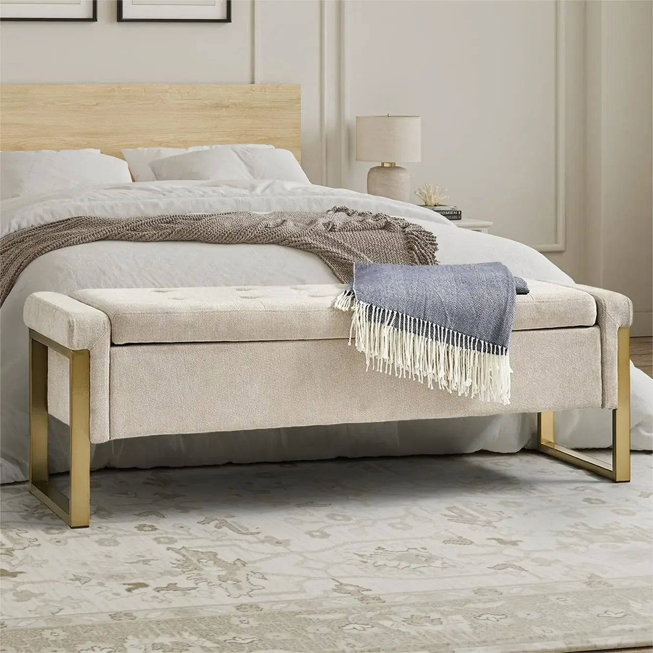 Modern Storage Ottoman Bedroom Bench, End of Bed Bench with Gold Metal Legs, Upholstered Footrest Stool for Living, Dining Room