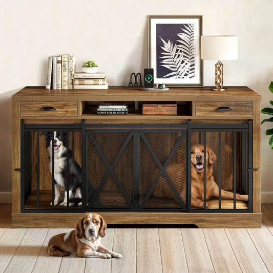 63 inch Double Dog Crate for 2 Dogs TV Stand Dog Kennel Sliding Barn Door
