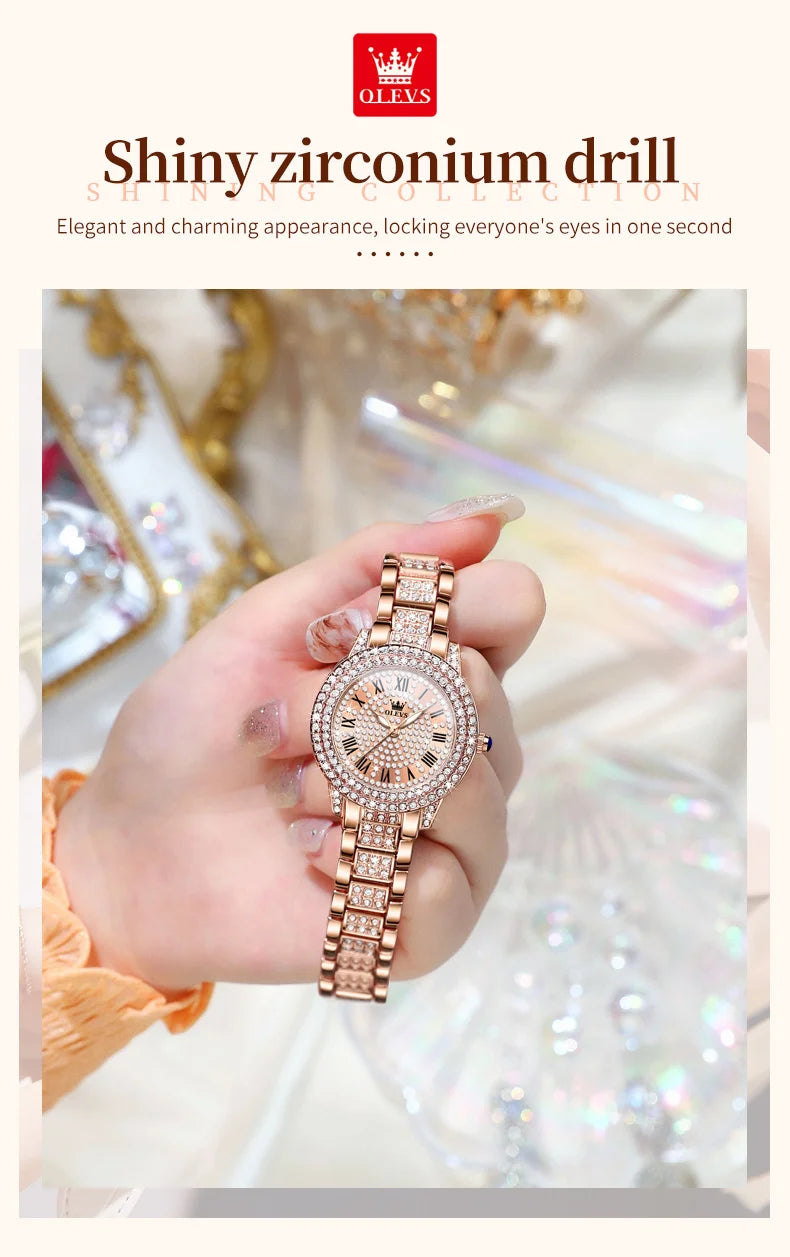 OLEVS Luxury Women’s Waterproof Chronograph Watch. Rose Gold Crystal Fashion Timepiece
