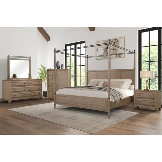 Queen Canopy Bed Set with 2-Drawer Nightstand, Modern Dresser with Poster Mirror, and Storage Chest