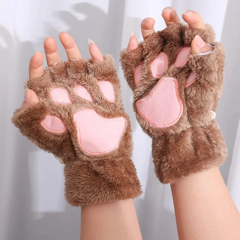 Lovely Plush Cat Claw Paw Gloves Short Fingerless Mittens