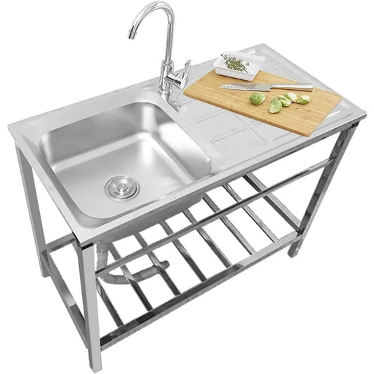 Freestanding Utility Sink,304 Stainless Steel Single Bowl Kitchen Sinks with Hot and Cold Faucet and Storage Shelves,Outdoor Bac