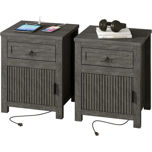 Night Stand Set of 2, Fluted Nightstand with Charging Station & Drawer, End Table with Storage, Modern Wood Wide Bedside Stand S