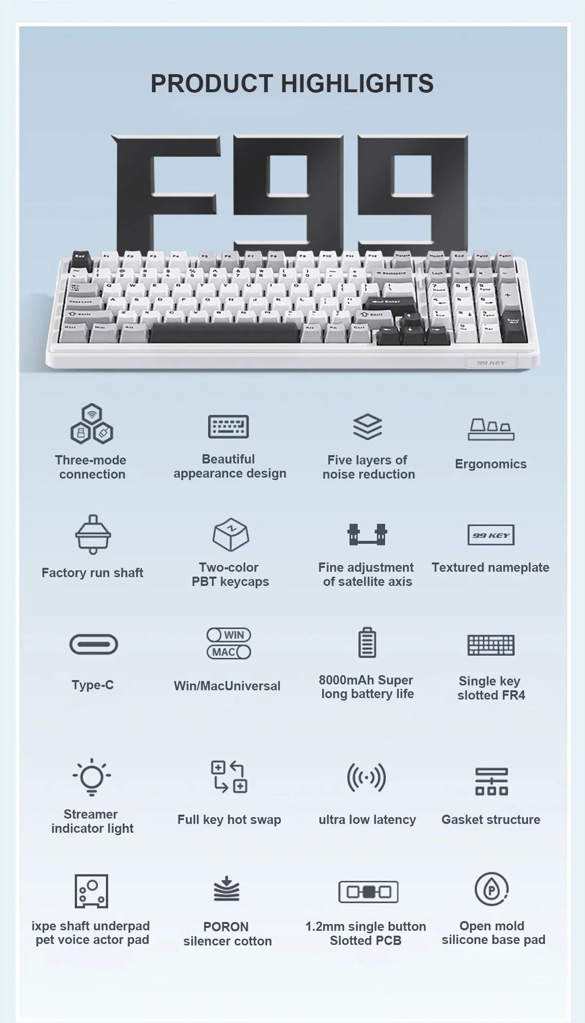 AULA F99 Wireless Mechanical Keyboard .Tri-Mode RGB Hot-Swappable Gaming Keyboard