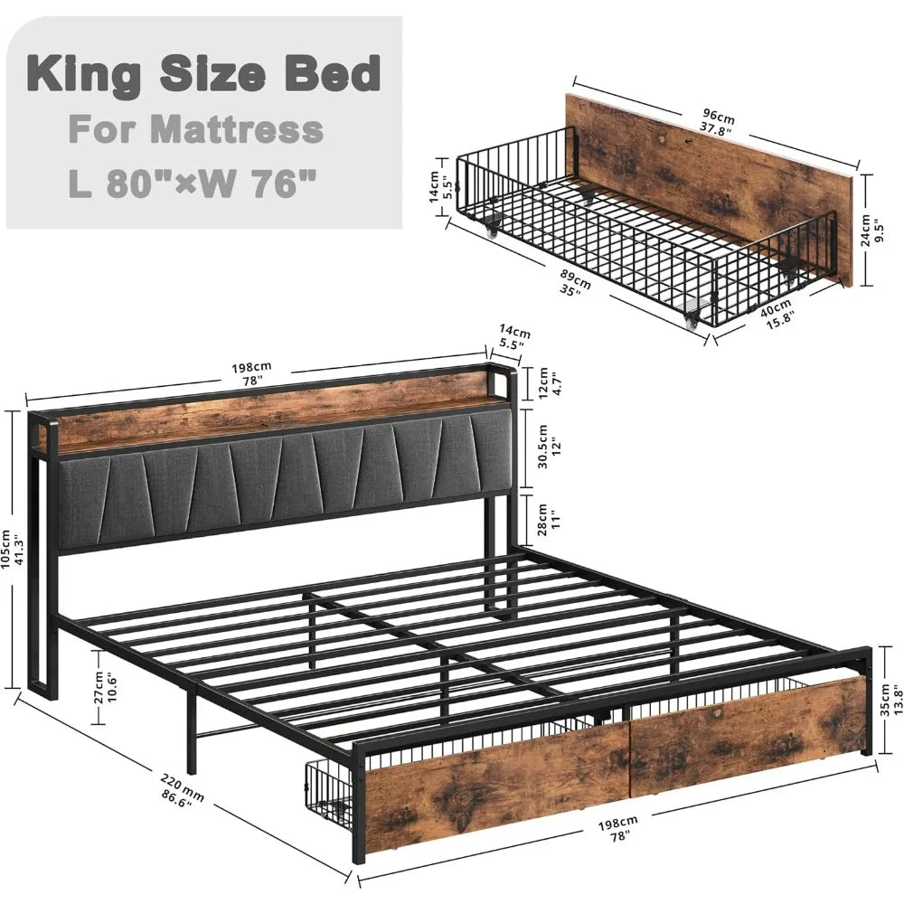 "king-size bed frame with storage headboard, charging station, and underbed drawers - no box spring required, easy assembly"