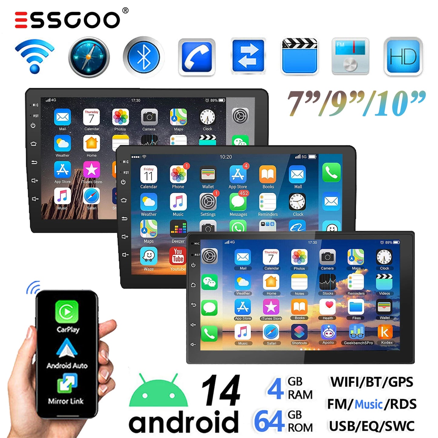 ESSGOO Android 14 Car Stereo . 7”/9”/10” Touchscreen with Wireless CarPlay, Android Auto, GPS Navigation & Bluetooth