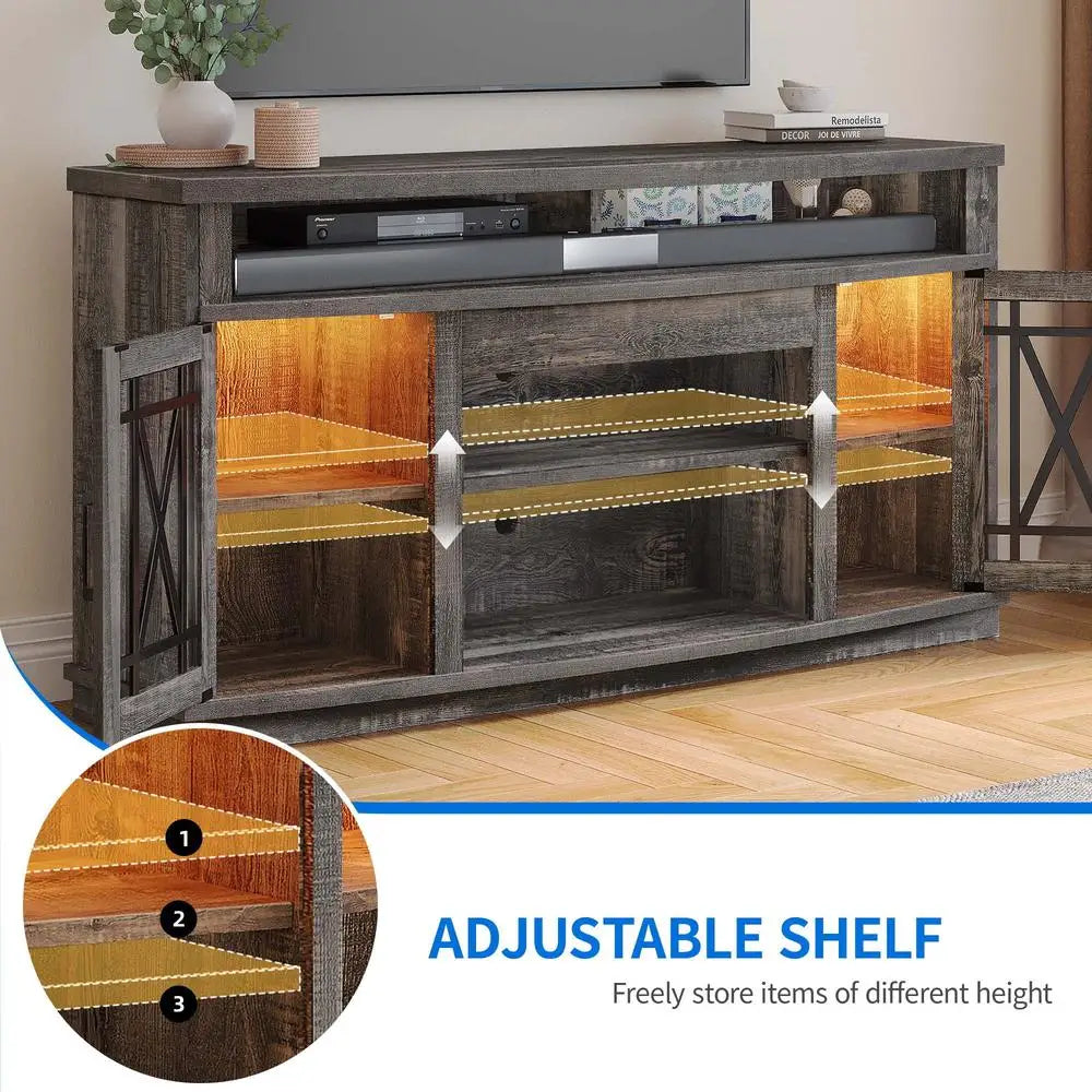 LED TV Stand with Glass Doors Entertainment Center Media Console RGB Light Remote Control Adjustable Shelves Cable Management