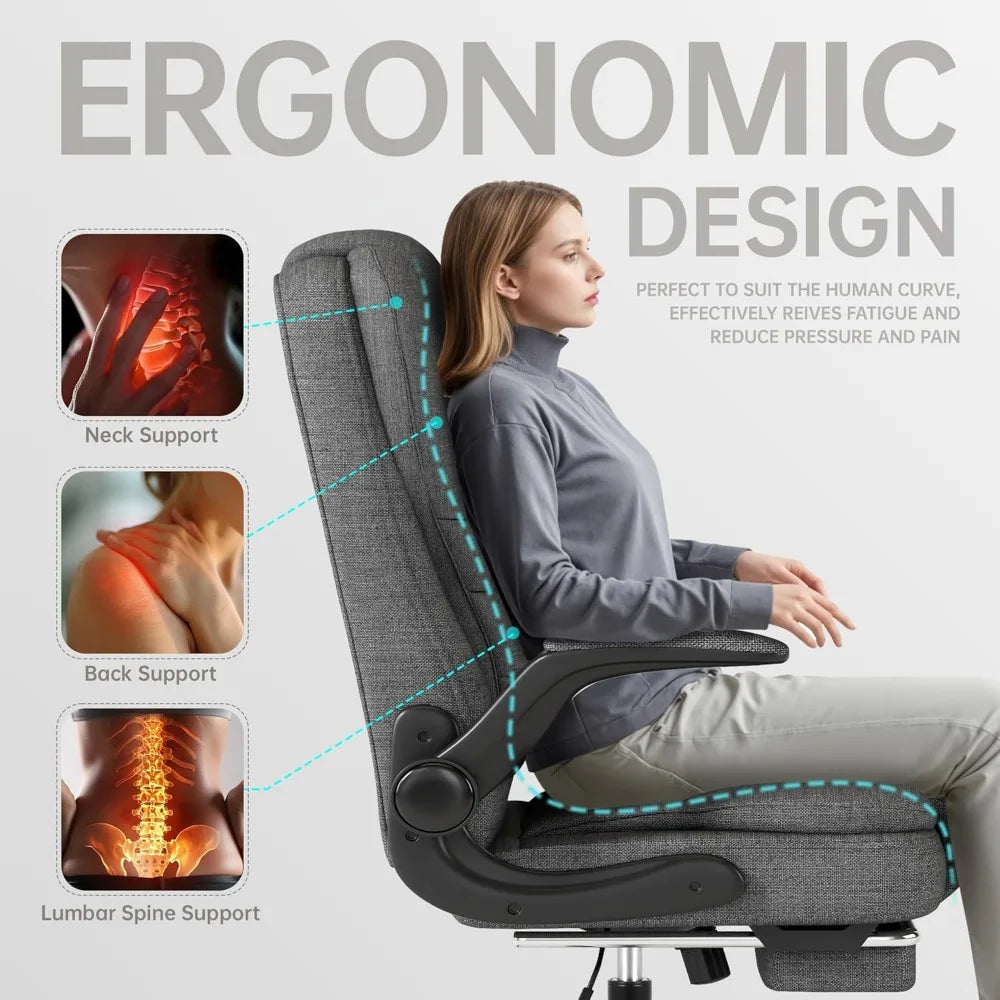 Big and Tall Office Chair, High Back Fabric Gaming Chair with Footrest, Ergonomic Desk Chair with Flip-up Armrest, Thick Padding