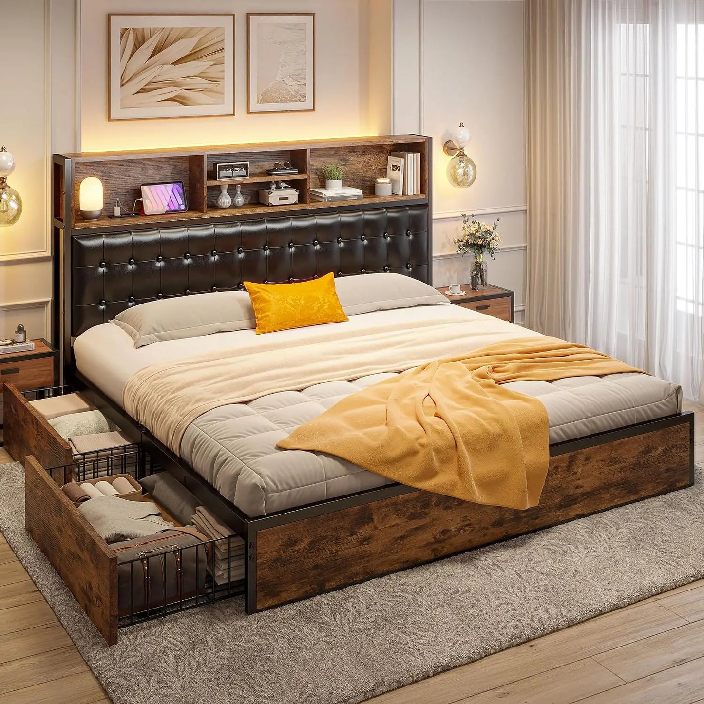 Upholstered Platform Bed with Tall Padded Headboard