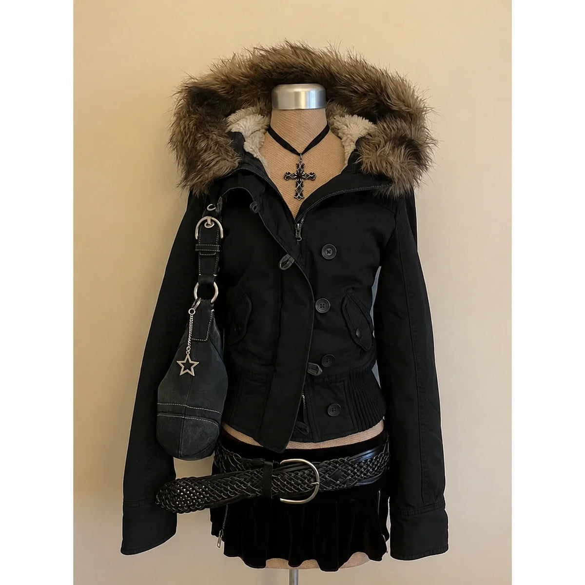 Women's Hooded Faux Fur Trim Winter Parka . Warm Padded Coat with Pockets