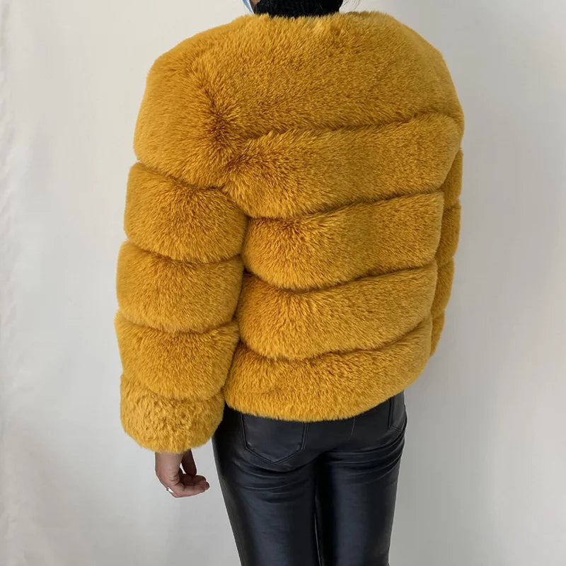 Women's Faux Fur Jacket . Plush Cropped Winter Coat with High Collar