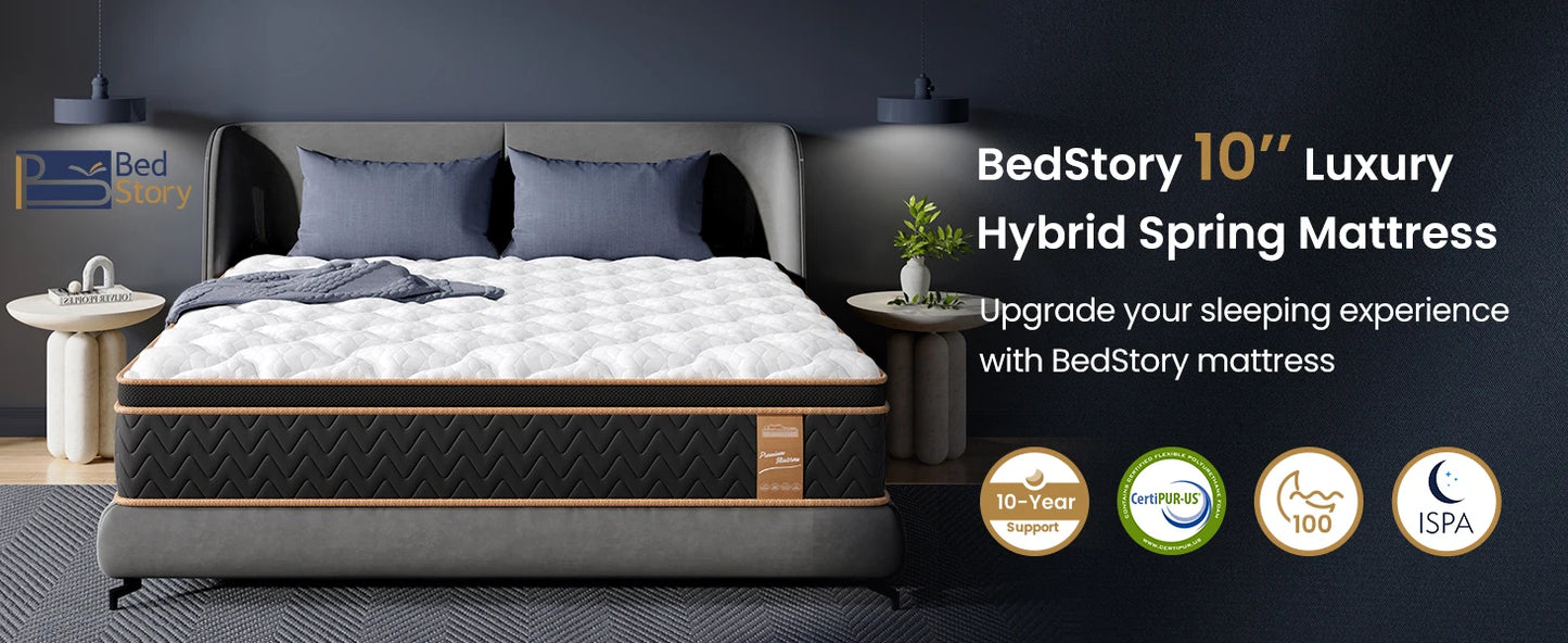 BedStory 10'' Hybrid Mattress, Twin/Full/King/Queen Size Mattress, Gel Memory Foam & Pocket Springs, Manufactured in USA